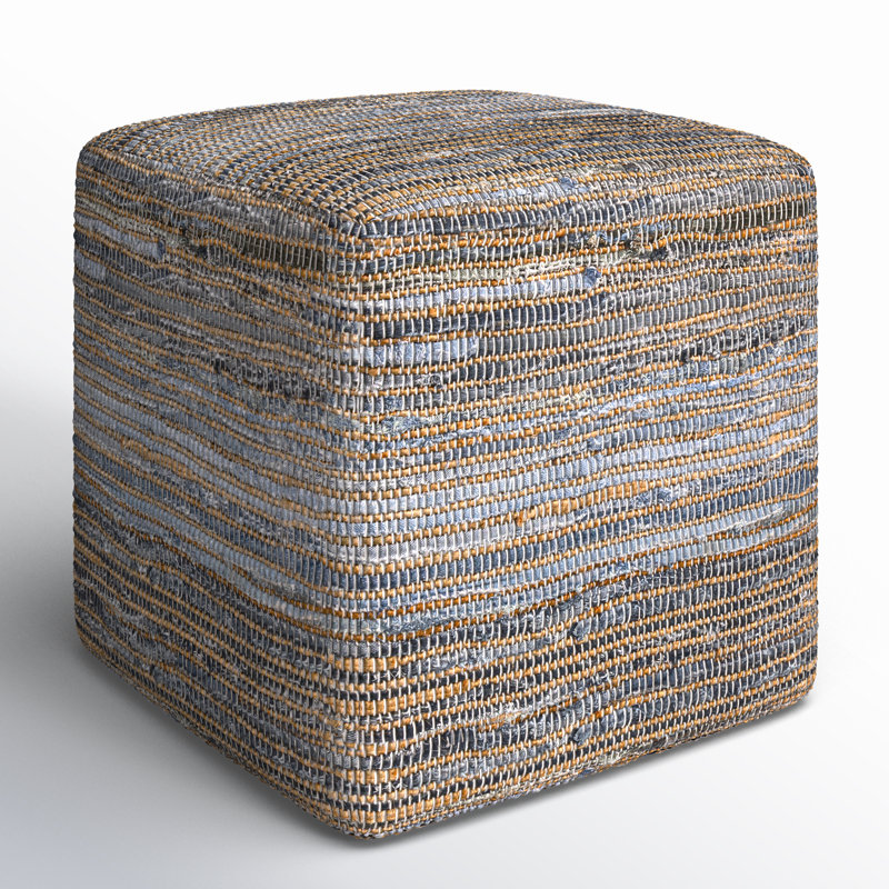 Square Jute and Recycled Denim Upholstered Pouf
