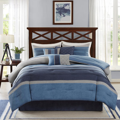 Navy King Size 7 Piece Comforter In Microsuede With Details Bed Skirt And Fill