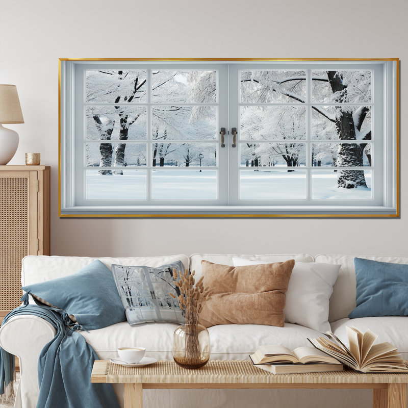 Winter Forest Window Views I - Winter Landscape, reproduction d'art sur toile encadrée, Cadre flottant doré