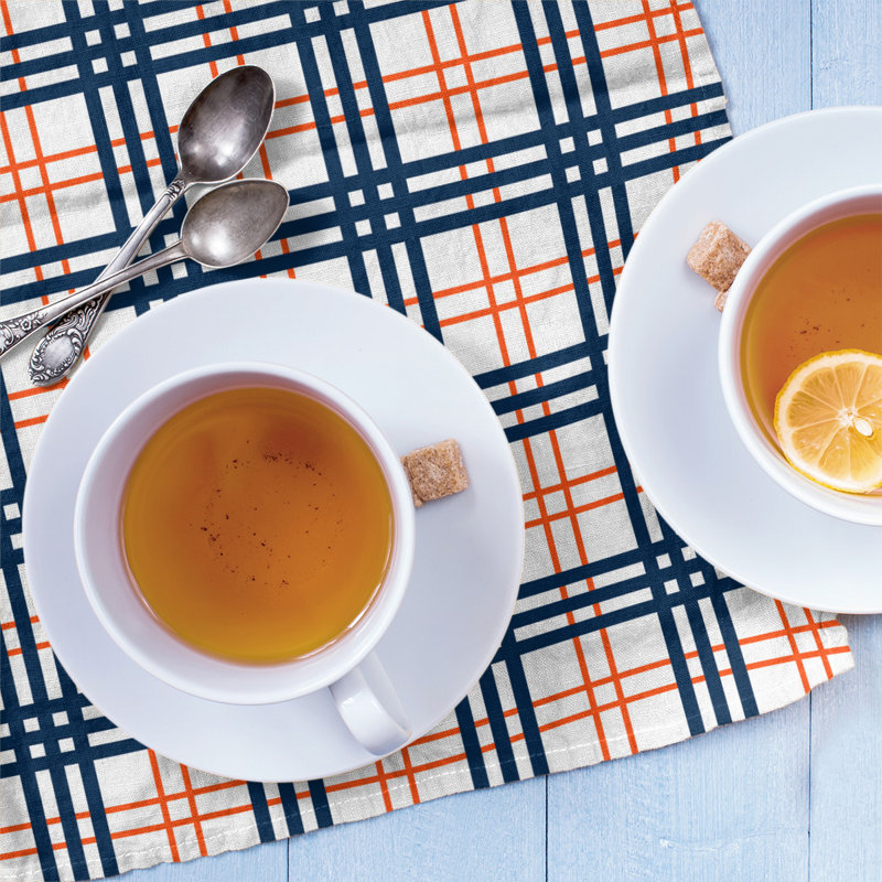 Plaid Tea Towel Kitchen Towel, Polyester, White/Navy/Orange