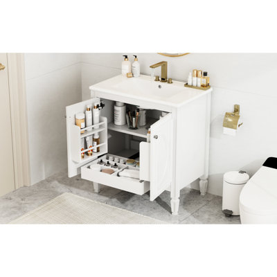 Meuble-lavabo de 30 po avec lavabo, saveur rétro, rangement blanc abondant, lavabo en bois massif et bois de construction en céramique solide, charme, trop-plein, intérieur spacieux, lavabo, construction,