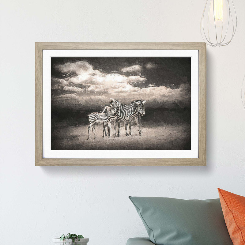 Three Zebras in the Wild - Picture Frame Painting Print, Oak Framed, 27cm H x 36cm W x 2cm D