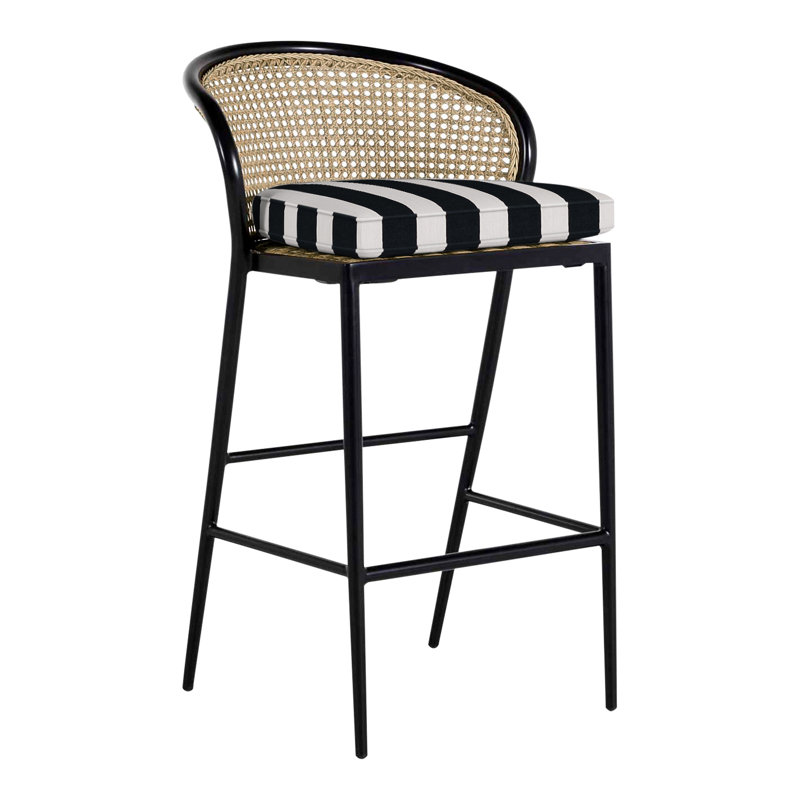 Havana 23.63 Patio Bar Stool with Cushion, Welt, Chalk/Natural Cane, Intermix Indigo