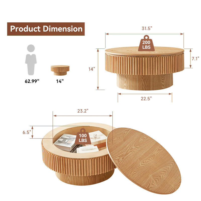 Table basse cylindrique 31,5 po avec rangement naturel pour petits espaces, Naturel