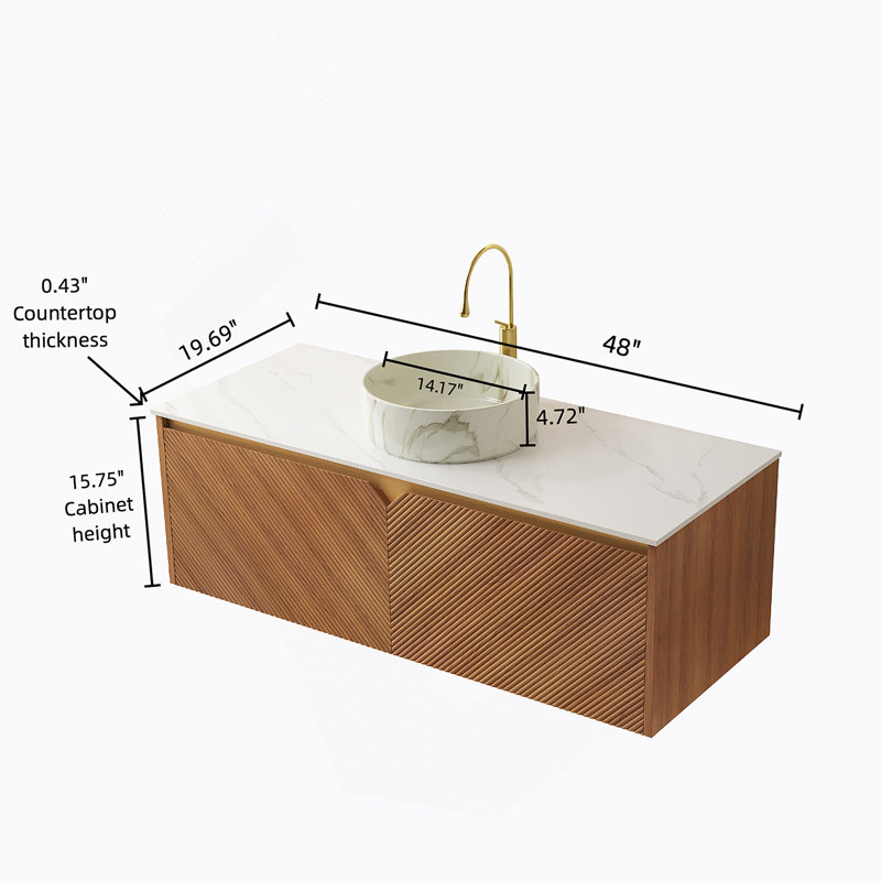 Meuble-lavabo de salle de bain avec vasque ronde en céramique et plateau en pierre frittée