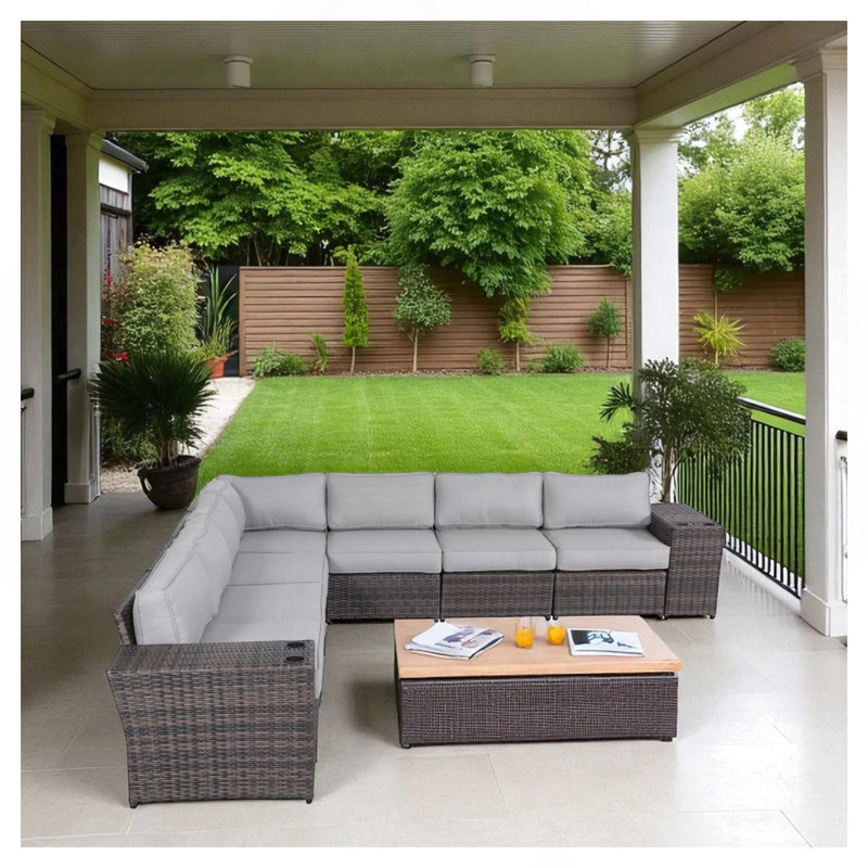 Ensemble de canapé modulaire d'extérieur en rotin 9 pièces avec coussins - prêt à l'emploi, Coussin beige / structure grise