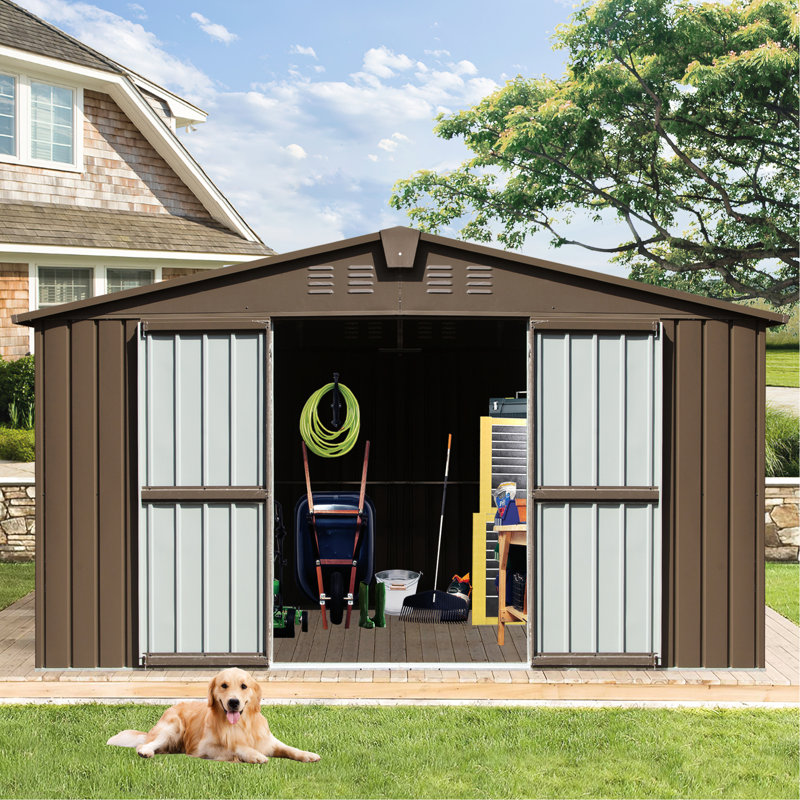 Remise utilitaire d'extérieur en acier galvanisé, fenêtres de 11 pi x 9 pi, porte verrouillable, 630 pi³, remise à outils avec cadre de rangement brun, porte et 630 pi³ Grande capacité