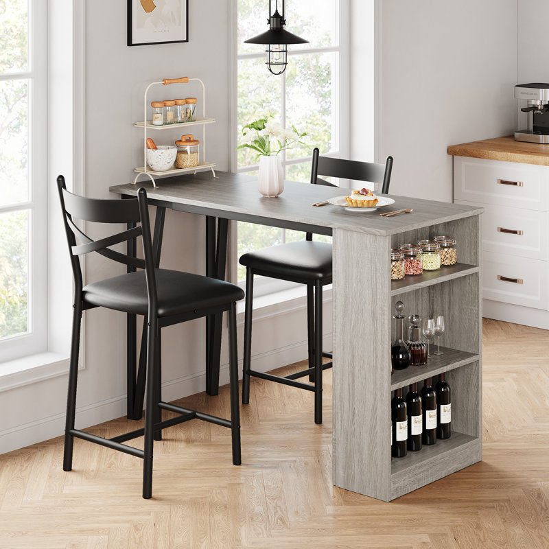 Ensemble 3 pièces de table de bar extensible et chaises peu encombrantes - Mobilier de salle à manger à hauteur de comptoir avec tablettes de rangement, tabourets rembourrés, idéal pour la cuisine ou un appartement - Gris