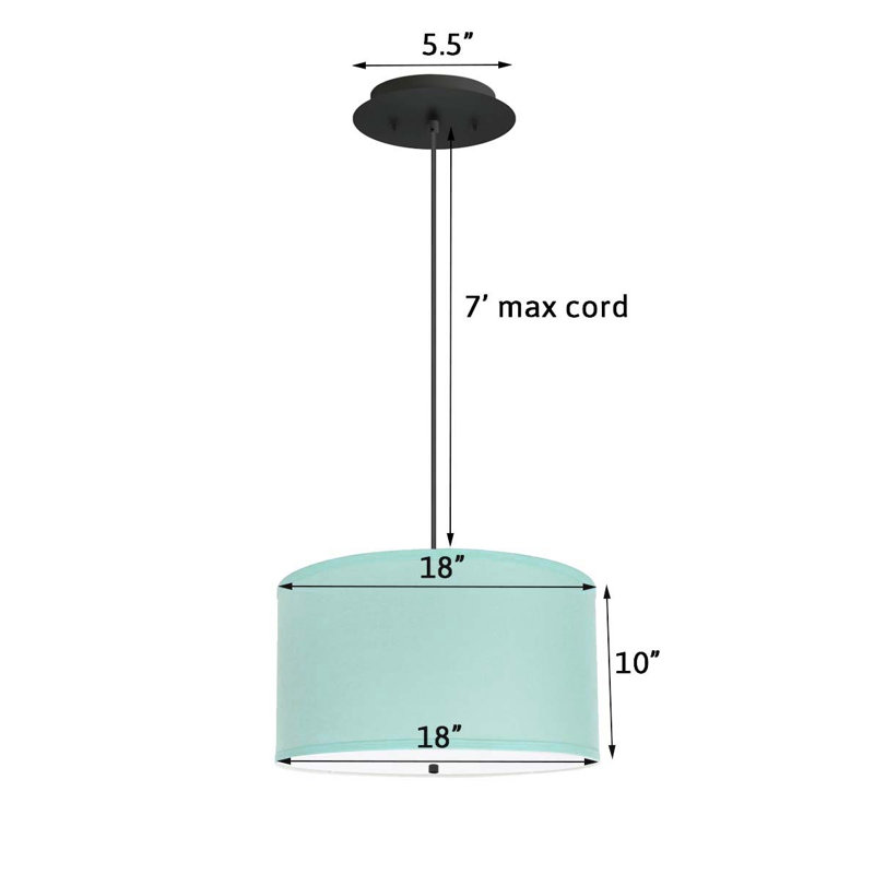 Abat-jour tambour en lin blanc avec diffuseur l 16 po avec cordon noir, H 10 po x l 18 po x P 18 po, Bleu, Noir