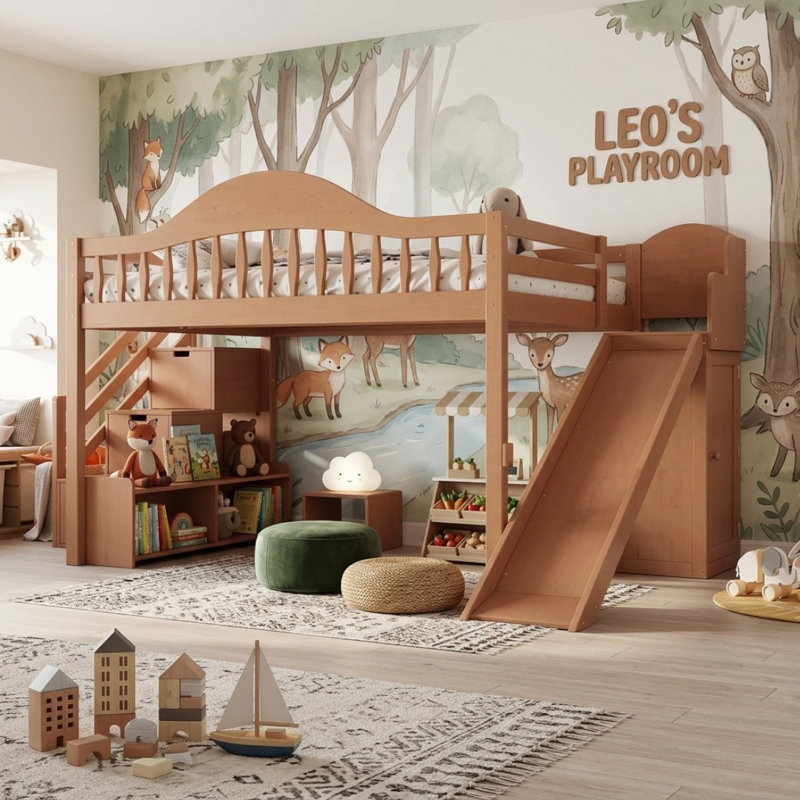 Lit mezzanine double en bois massif noyer avec glissade, escalier de rangement, armoire intégrée et barrière de sécurité pleine longueur pour enfants et adolescents