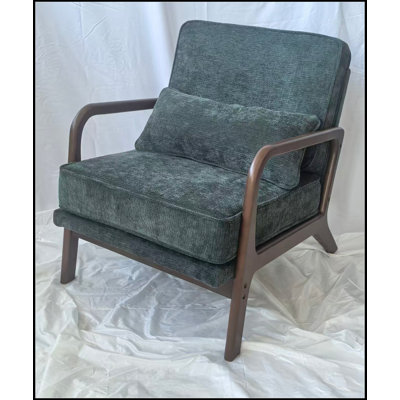 Comfy Upholstered Living Room Chair with Curved Wood Armrests and Lumbar Cushion