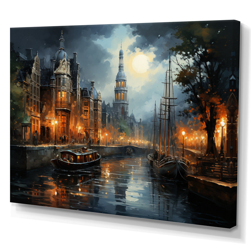 «Danemark Amsterdam Canal at Night I», reproduction sur toile, H 12 po x l 20 po x P 1 po, Toile tendue