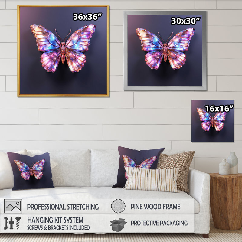 Papillon mauve et rose - art mural papillon, Cadre simple blanc, H 16 po x l 16 po x P 1 po