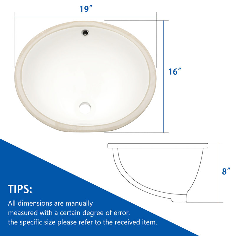 19"x16" Oval Shape Ceramic Bathroom Sink - Pure White Undermount Lavatory Basin With Overflow, Low Absorption, Acid Resistance, No Faucet Holes, Practical Choice Stylish Design