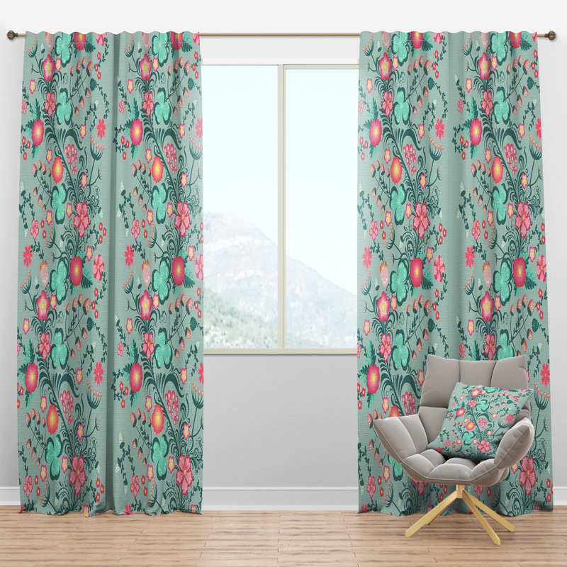 Mid-Century Spring Floral Semi-Sheer Thermal Rod Pocket Single Curtain Panel, 52"W x 84"L