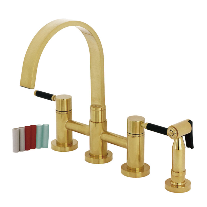 Kingston Brass Kaiser Two-Handle 4-Hole Deck Mount Bridge Kitchen Faucet with Brass Side Sprayer, Brushed Brass