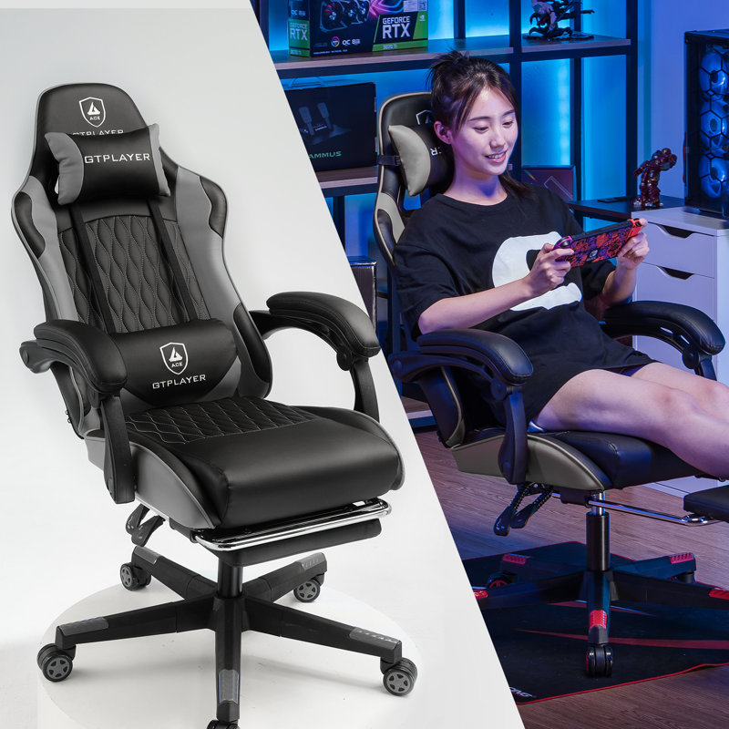 Gaming Chair Spring Cushion, Cow-Spotted Design, Height Adjustable,Headrest,Footrest&Lumbar Support, Black/Grey