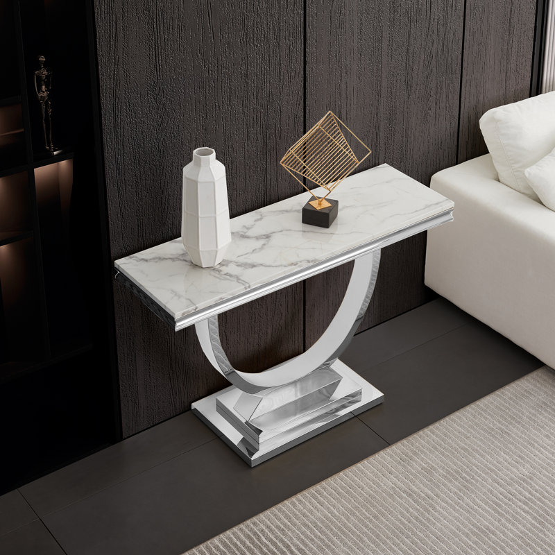 Tobitha 47" Faux Marble Top Metal Base Console Table, Silver, White