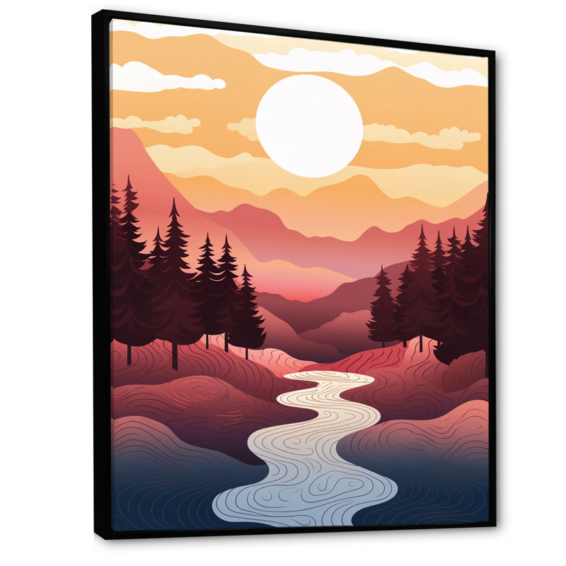 Montagne, forêt, rêverie, coucher de soleil paisible I, H 44 po x l 34 po x P 1,5 po, Cadre flottant noir