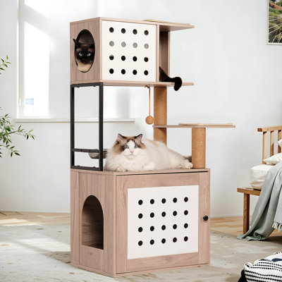 Une tour de chat d'intérieur avec un bac à litière gris et blanc, un grand lit, une station de nourriture et des poteaux à griffer dans un arbre de conception moderne pour animaux de compagnie pour chats: intégré