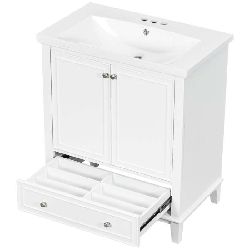 Base de rangement fonctionnelle moderne en bois massif avec lavabo et portes en céramique 30 po, Blanc