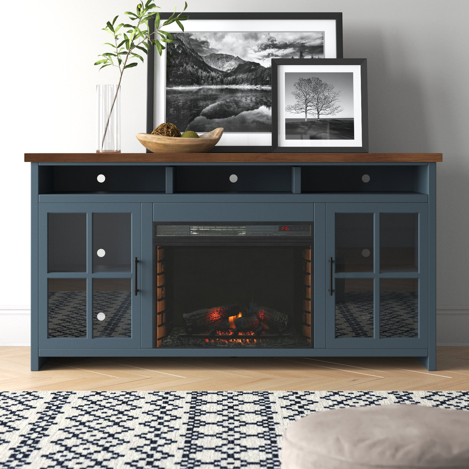 Brixham 74 inch Fireplace TV Stand Console for TVS Up to 85 Inches Two Tone Finish Laurel Foundry Modern Farmhouse Color Denim Whiskey