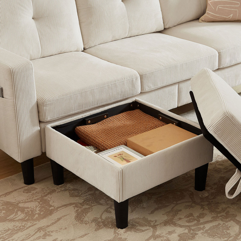 79.14" L Shaped Sofa with Storage Pockets and Reversable Storage Ottoman, Beige