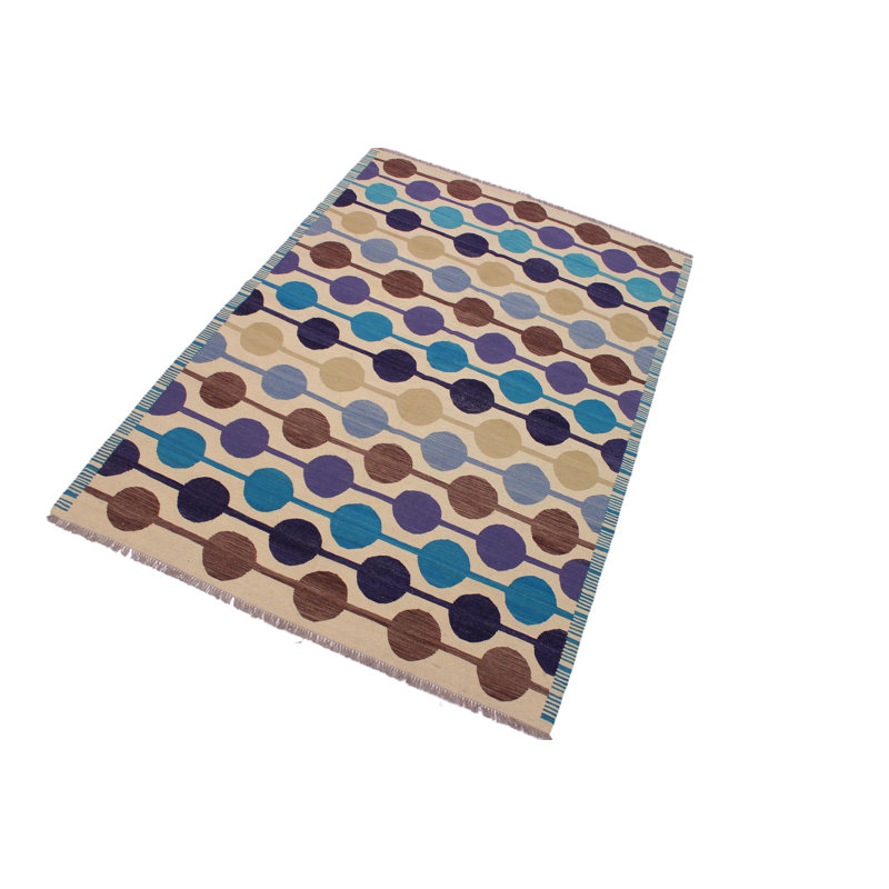 Tapis beige / brun / bleu en laine fabriqué à la main à motif géométrique rectangulaire 5 pi 8 po x 8 pi Madee