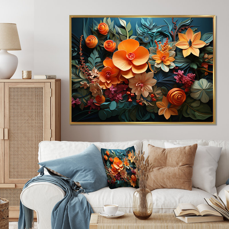 Mamadi orange bleu tropical enchevêtrement en V - imprimé, H 16 po x l 32 po x P 1 po, Cadre flottant doré