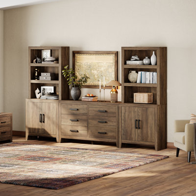 Meuble audio-vidéo Eaton avec bibliothèque, meuble télé modulaire 4 pièces pour téléviseur de 75 pouces, console média de ferme avec tablettes réglables et 6 tiroirs de rangement pour le salon, la chambre à coucher, brun