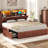 Farmhouse Wood Bed Frame with Bookcase Storage Headboard, 5 Drawers & LED Lights, Grey Wooden Platform Bed with Charging Station, Barn Door Design, No Box Spring Needed-400191143-370782390