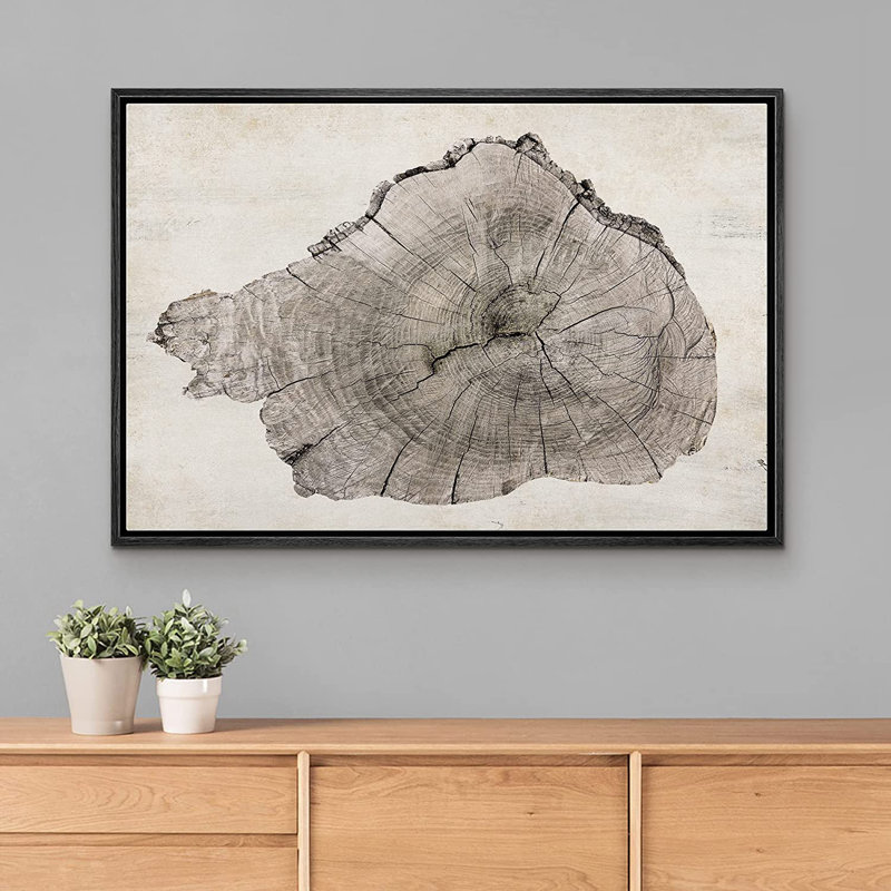 Wood Tree Ring Log Neutral Farmhouse Cabin Cottage Eathy Decor - Framed Canvas Print Wall Art Work, Black, 24" H x 36" W