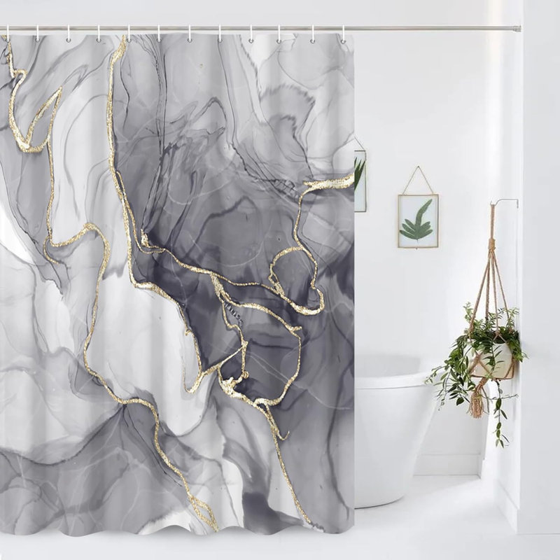 Pack of 1 Gold Grey Marble Minimalist Abstract Bath Curtain with Hooks, 182.88cm H x 198.12cm W