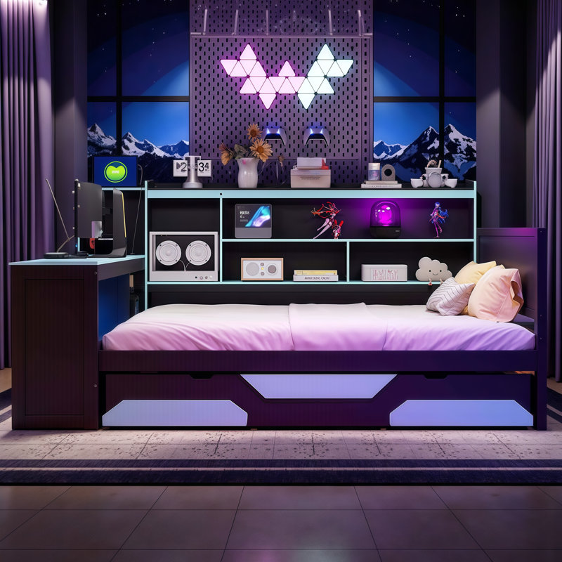 Queen Gaming Daybed with Built-in Desk, LED Lights, Charging Station & 3 Storage Drawers - Multi-Functional Design
