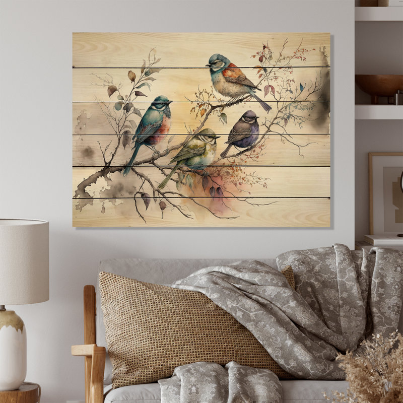 Multicolore oiseaux sur fleurs de prunier - Art mural en bois animaux - Bois de pin naturel, L 20 po x H 12 po x P 1 po