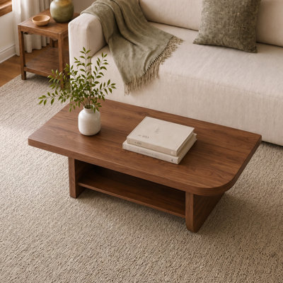 47.24" Coffee Table, 2-Tier Center Table with Storage, Walnut Wood Modern Mid-Century Rectangle Coffee Tea Table, Wooden Cafe Table with Open Storage