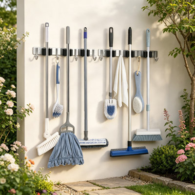 Support mural robuste pour porte-balai, ensemble de 2 vadrouilles en acier inoxydable et organisateur de balai pour le garage, la cuisine, la salle de lavage, le placard - rangement compact avec 2 options d'installation