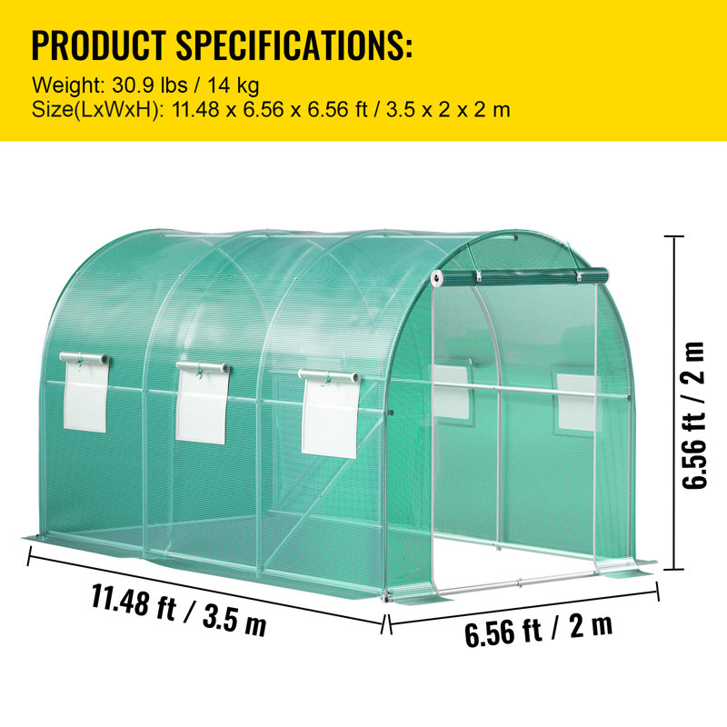 Serre tunnel de 3,66 m x 2,13 m x 2,13 m (12 pi x 7 pi x 7 pi), 1 poutre supérieure, 2 poteaux diagonaux, 1 porte à fermeture éclair et 6 fenêtres enroulables, serre portative pour plantes avec arceaux en acier galvanisé, verte
