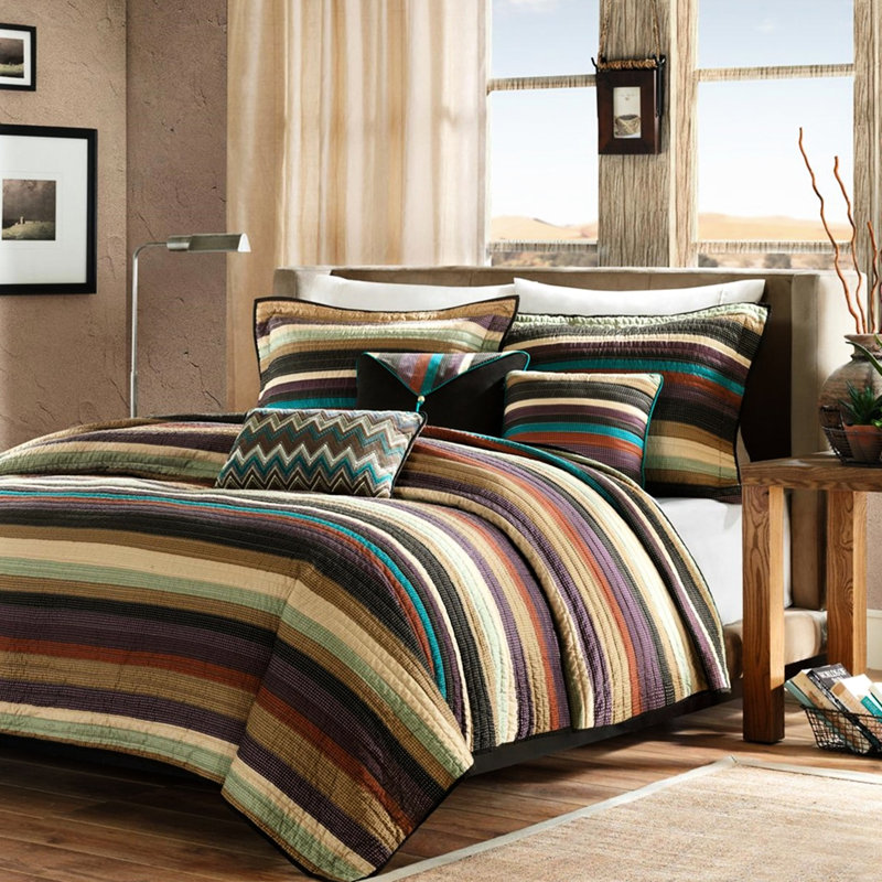 Courtepointe réversible simple / simple TG avec 3 coussins décoratifs, microfibre pour un entretien facile, maille bleu sarcelle mauve, motif et oreiller à rayures, microfibre, rayures, coussins décoratifs Zig Zag
