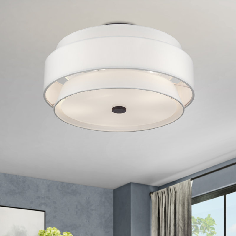 Grand semi-encastré 5 lumières en nickel brossé avec abat-jour en tissu blanc cassé fabriqué à la main, Bronze