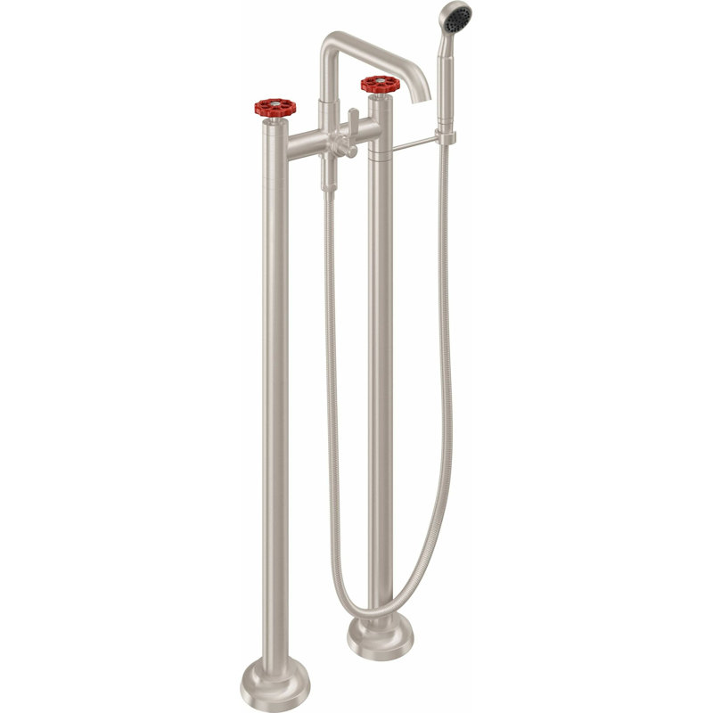 Descanso Tub Filler with Diverter, Cross Handle, Satin Nickel/Red