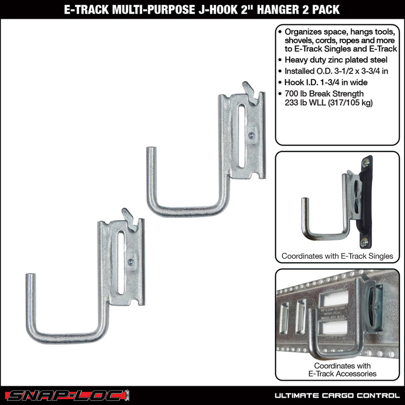 SNAP-LOC E-Track Multi-Purpose J-Hook 2 Inch Hanger 2-Pack