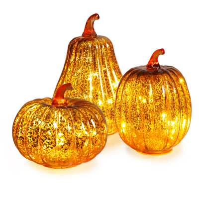 Ensemble de 3 pièces de décorations de citrouille d'automne en verre illuminées, lumières charmantes avec finition scintillante pour l'automne et décor de l'Action de grâce