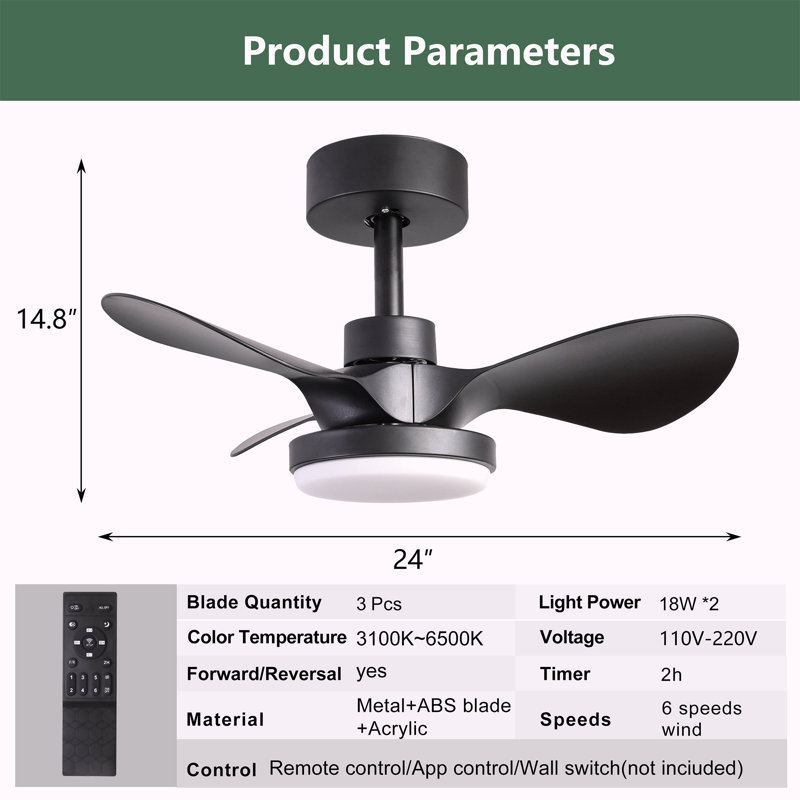 24" Small  Ceiling Fan With Light Remote Control ,Modern Low Profile Black Ceiling Fan, 6-Speeds Quiet Reversible DC Motor  For Bedroom,Kitchen