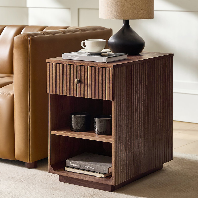 Meg Modern 24"Tall 1-Drawer Fluted Solid Wood End Table with Built-In Charging Ports And Fully Assembled, Walnut
