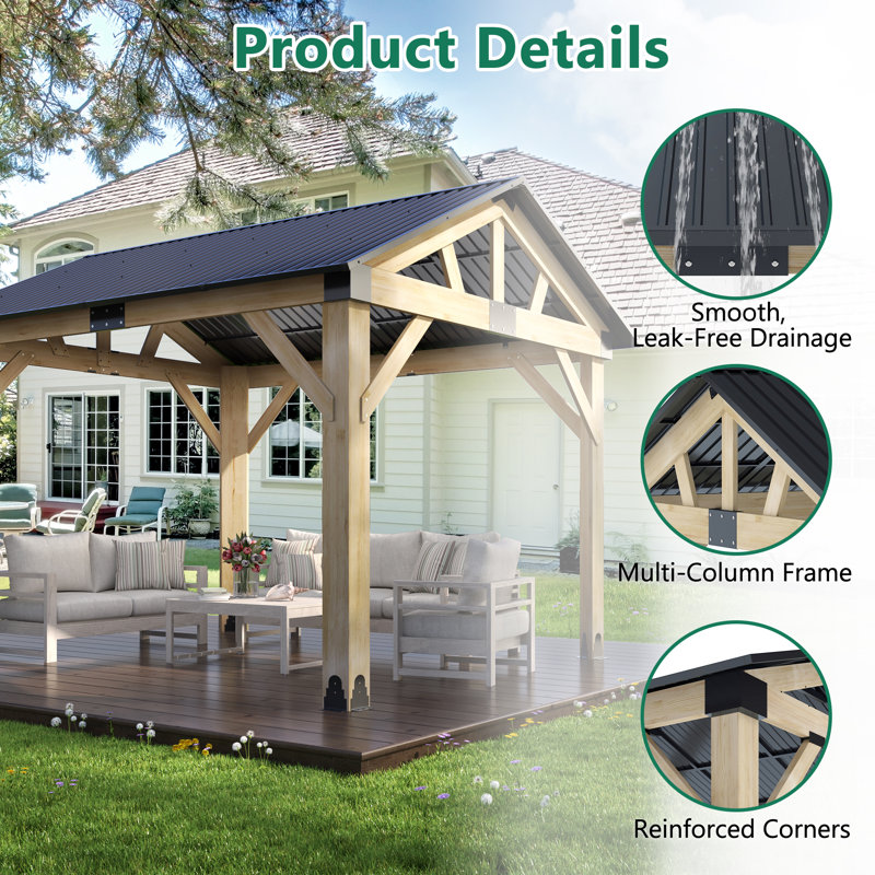 12 ft. W x 14ft. D Outdoor Cedar Wood Gazebo, 12 ft. W x 14ft. D