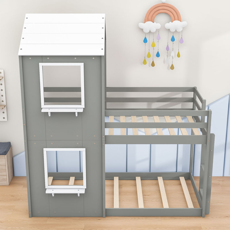 Twin Over Twin Bunk Bed With Safety Features And Roof, Gray