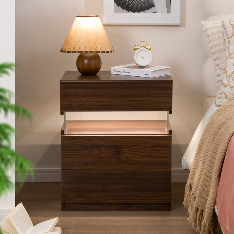 Nightstands set of 2 LED Night Stand, Walnut