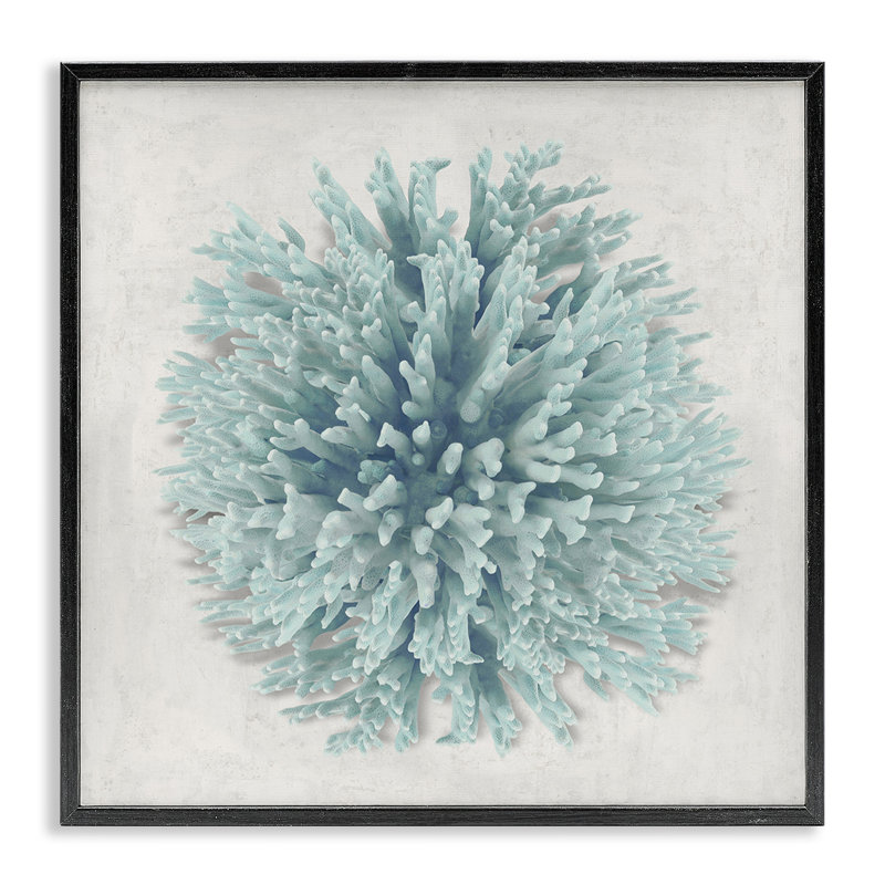 «Coral Ball Blue Sea Beach» par Caroline Kelly - impression d'art graphique, H 24 po x l 24 po, Giclée encadrée noir minuit