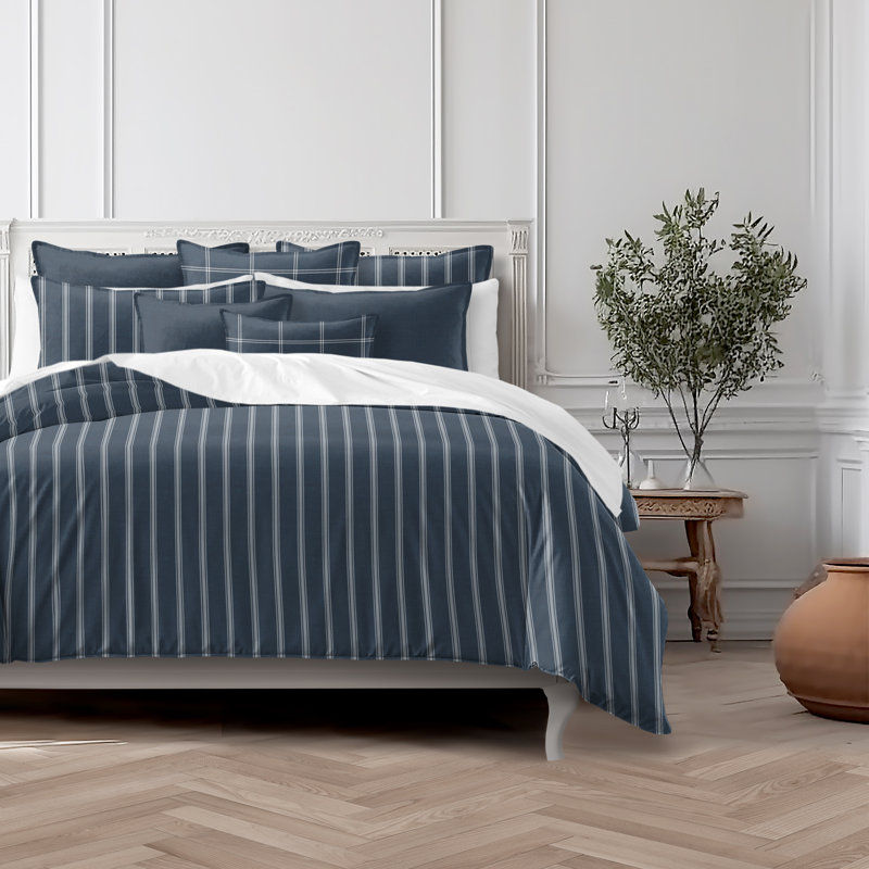 Shay Broad Ticking Stripe Dark Denim Cotton Comforter Set  8 Piece, Super King Comforter + 7 Additional Pieces